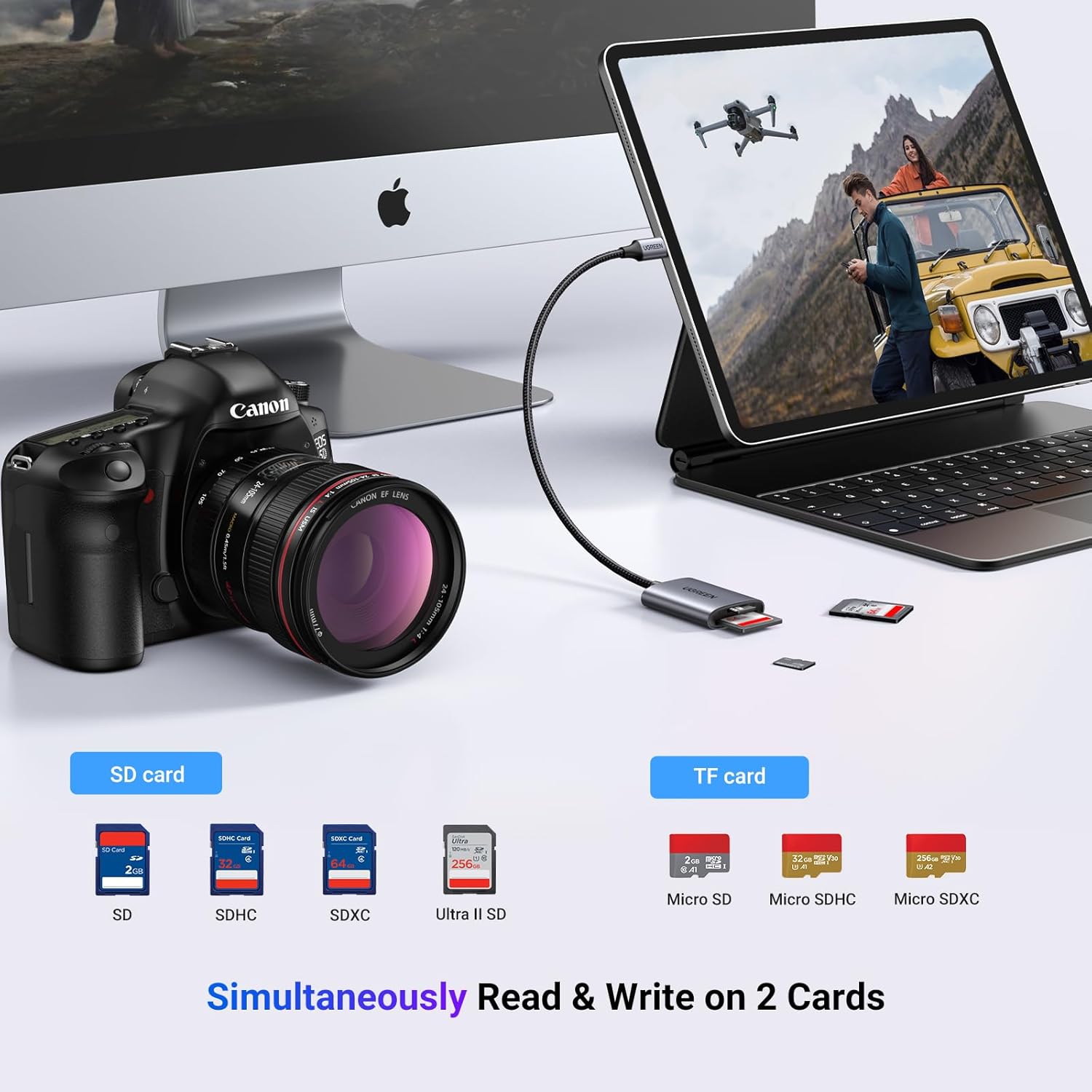 UGREEN USB-C SD Card Reader – Dual Slot, 5Gbps Speed.