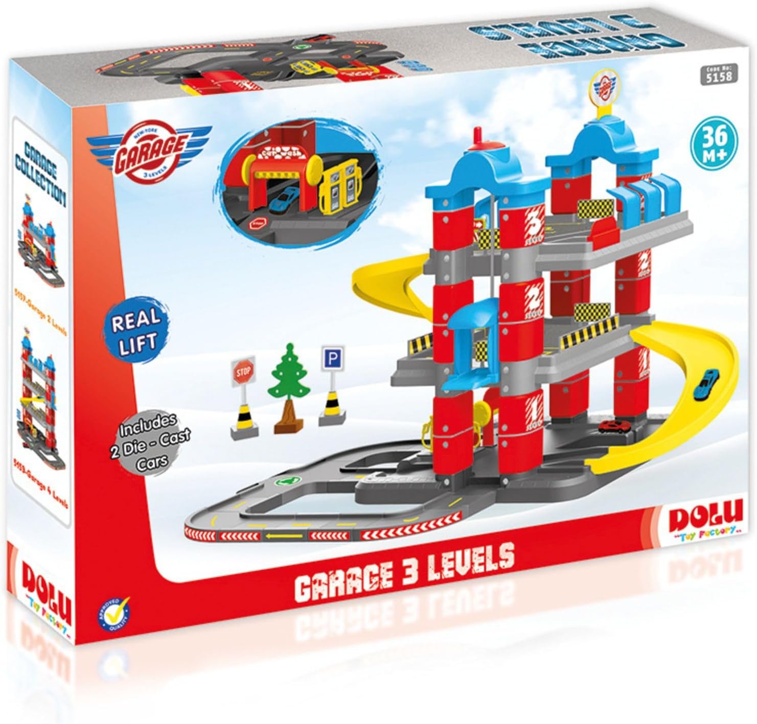 DOLU 3-Level Car Garage Playset with Lift & 2 Diecast Cars