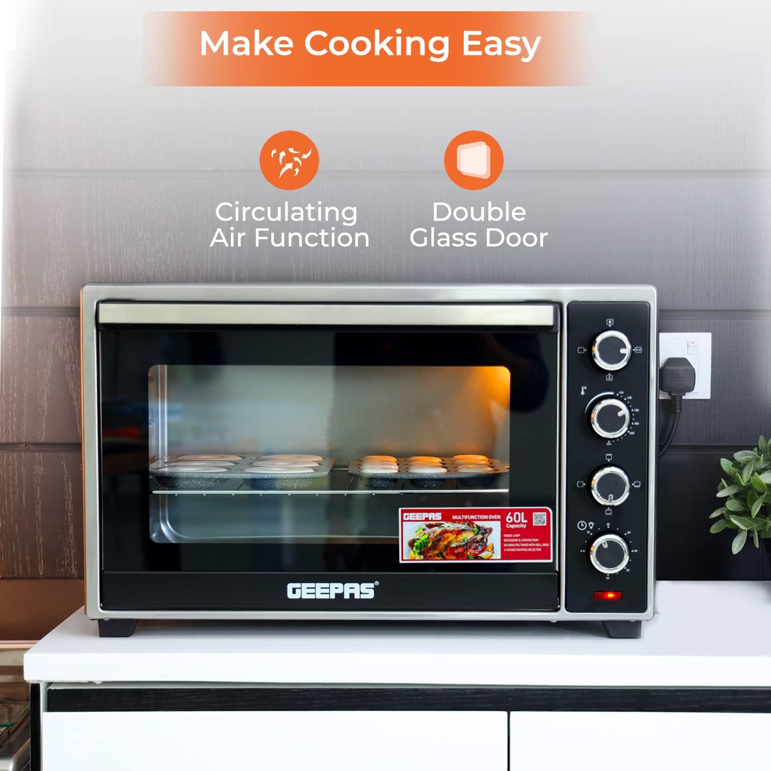 Geepas GO34012 Electric Oven, 60L | 60 Minutes Timer | Inside Lamp | Stainless Steel Heating Elements | Heat Resistant Tempered Window | 2000W Power