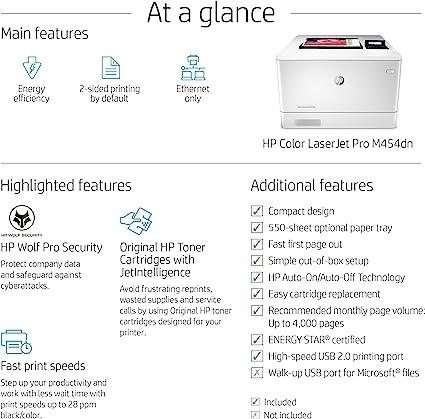 HP Color LaserJet Pro M454dn Printer, Double-Sided Printing & Built-in Ethernet (W1Y44A) White