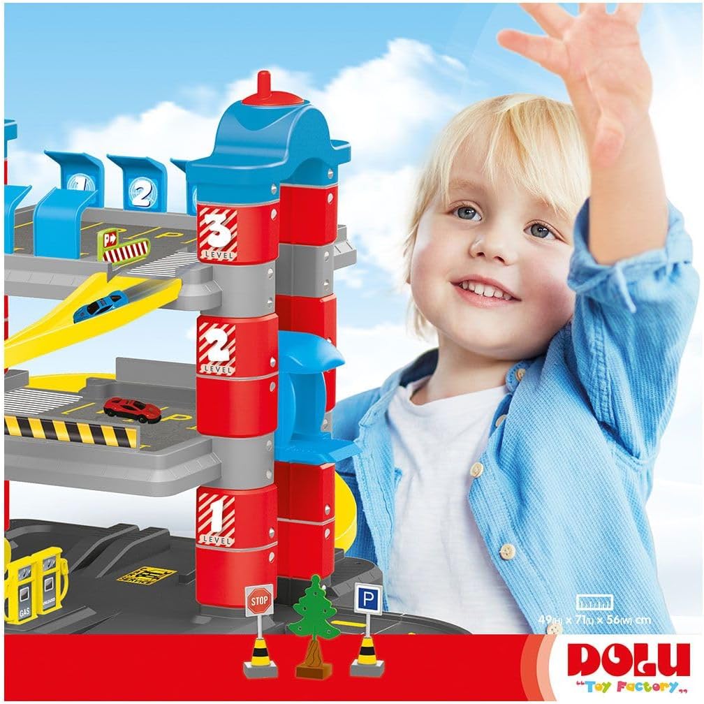 DOLU 3-Level Car Garage Playset with Lift & 2 Diecast Cars