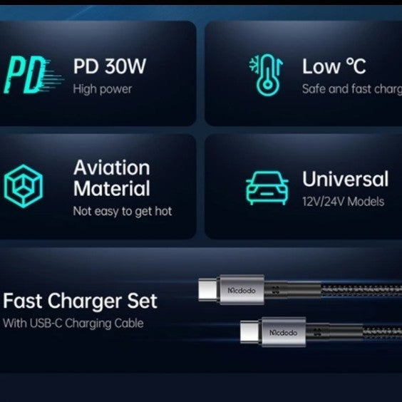 Mcdodo 30W PD Car Charger with C to C Cable Fast Charging - Black