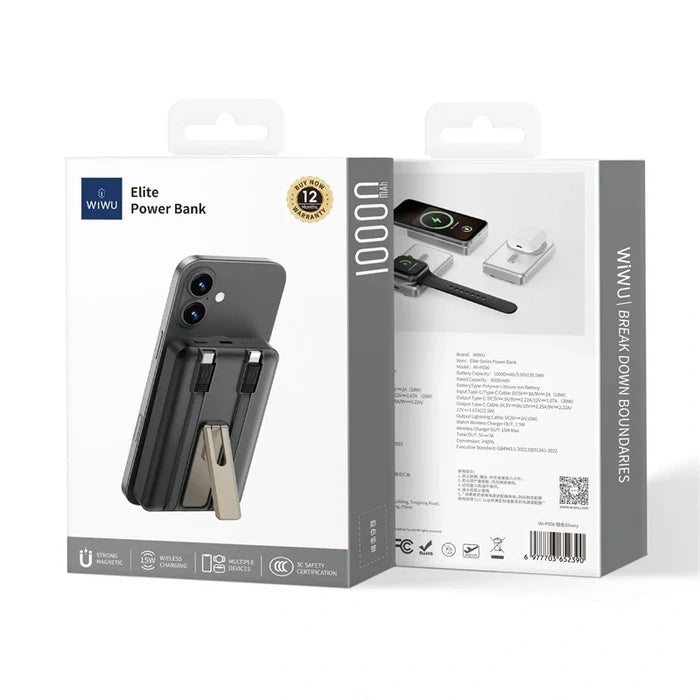 WiWU Elite 10000mAh Power Bank with Built-in Cable & Stand