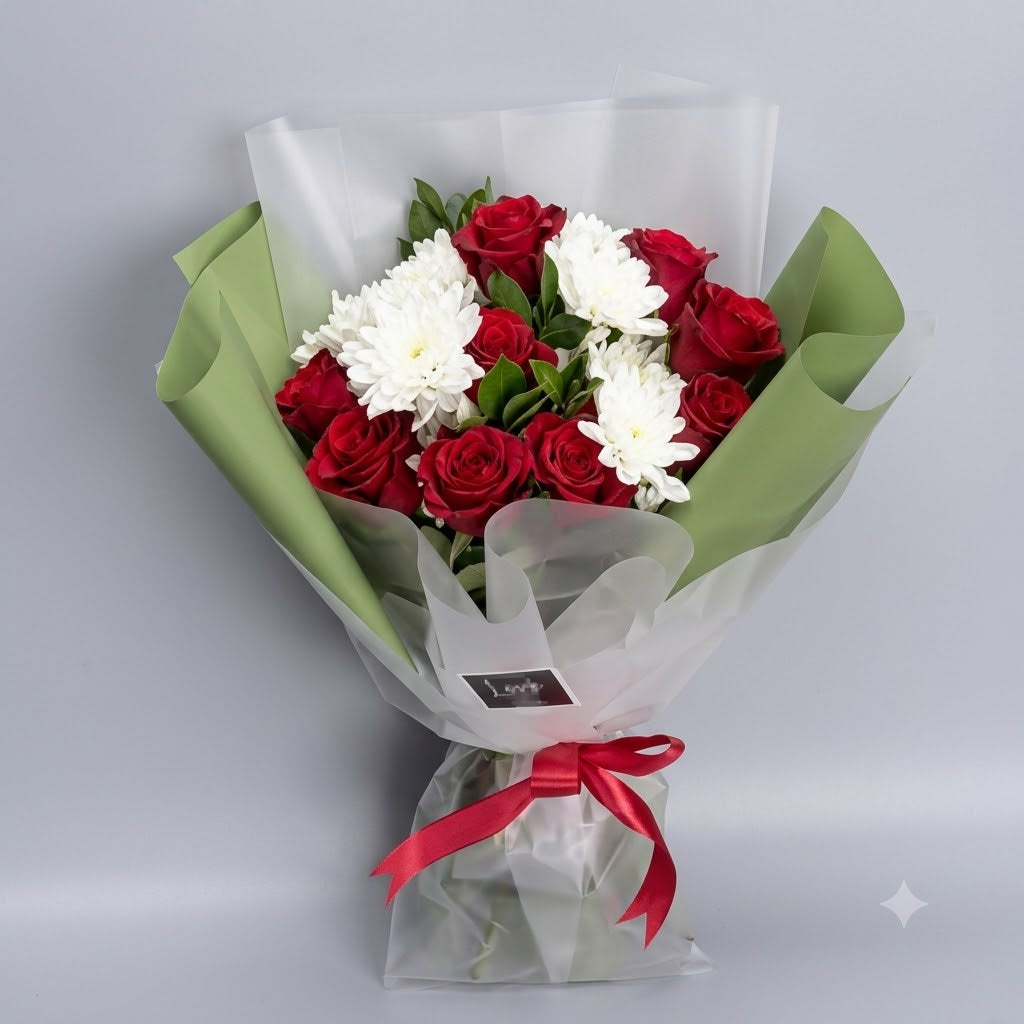 8 Red & White Roses Bouquet — Fresh Green Wrap