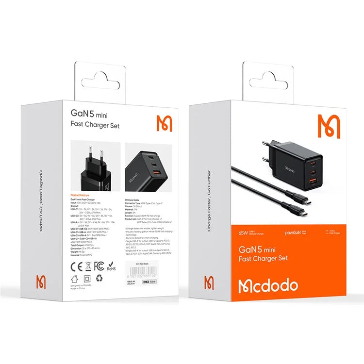 Mcdodo GaN 5 Mini 65W Fast Charger & C to C Cable - Black