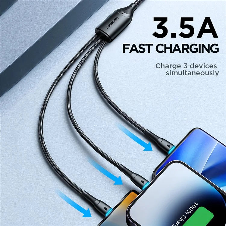 JOYROOM 3 in 1 Fast Charging 3.5A Data Cable 1.2m USB A to IP & Type C & Micro - Black