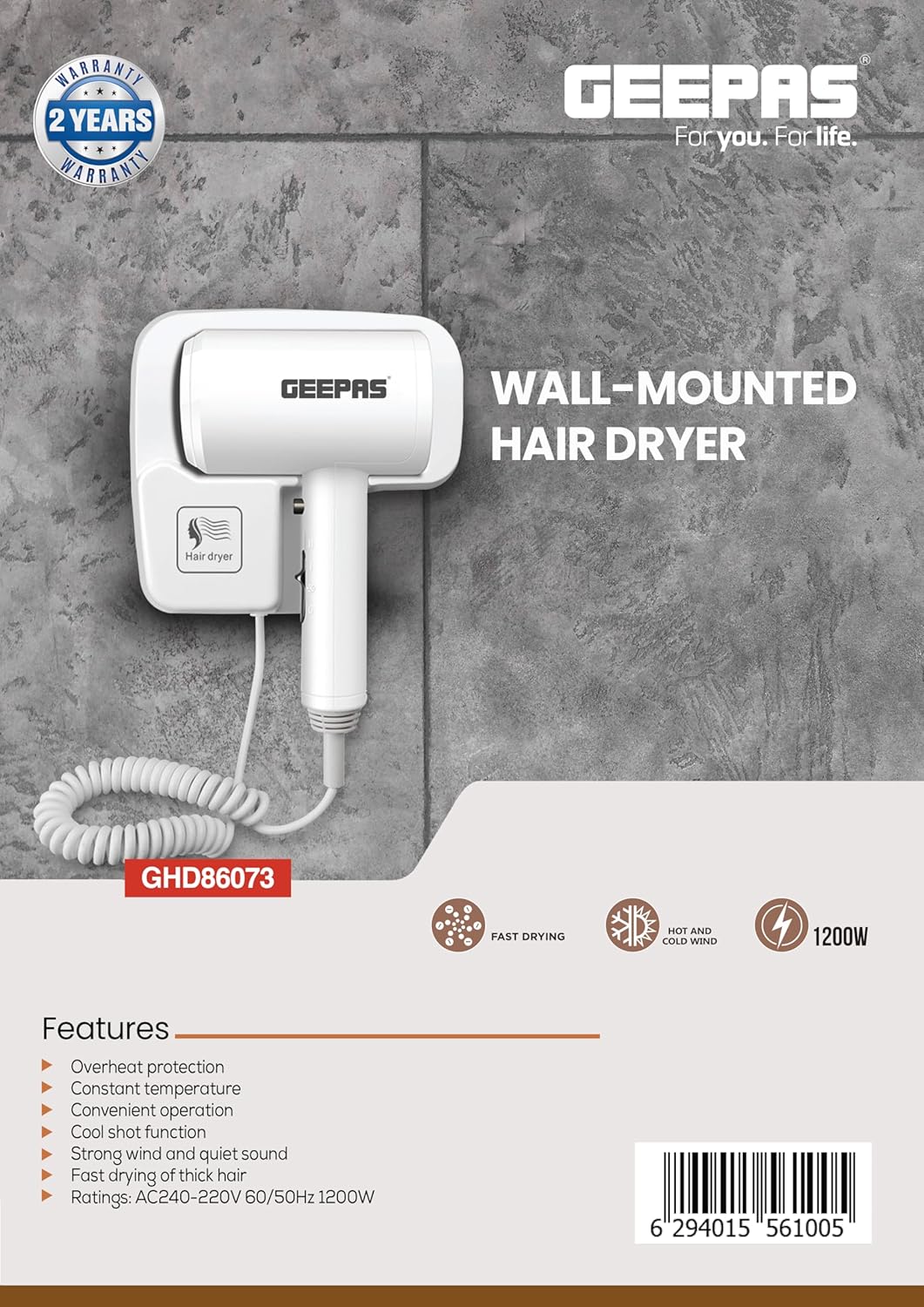 Geepas GHD86073 Wall-Mounted Hair Dryer 1200W | Fast Drying & Overheat Protection