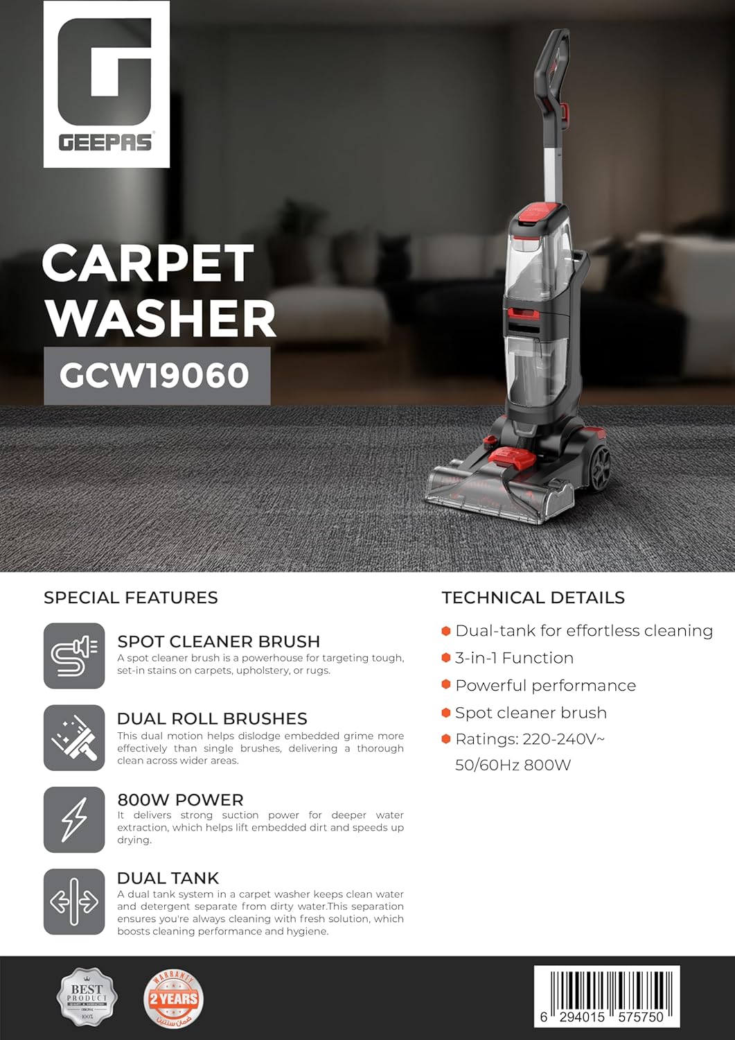 Geepas Carpet Washer GCW19060 - 800W Dual Brush Deep Cleaning Machine