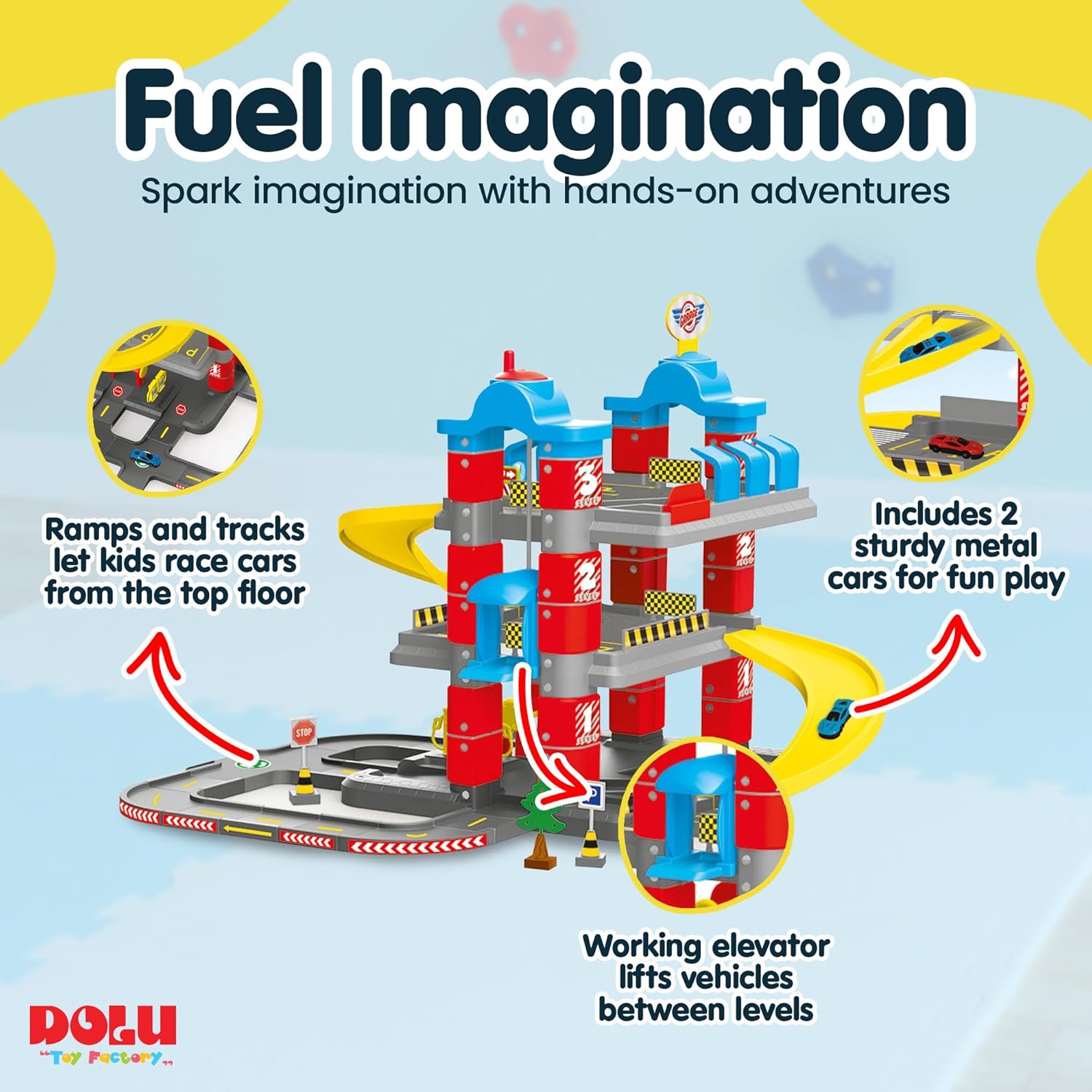 DOLU 3-Level Car Garage Playset with Lift & 2 Diecast Cars