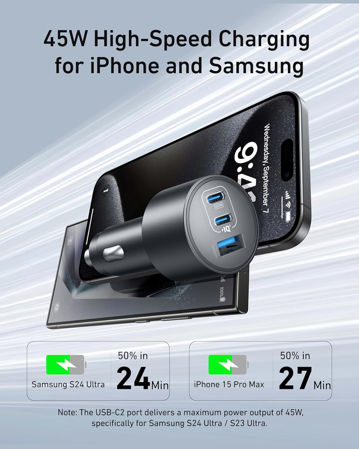 شاحن سيارة أنكر 167.5 واط بثلاثة منافذ USB-C – 100 واط + 45 واط + 22.5 واط