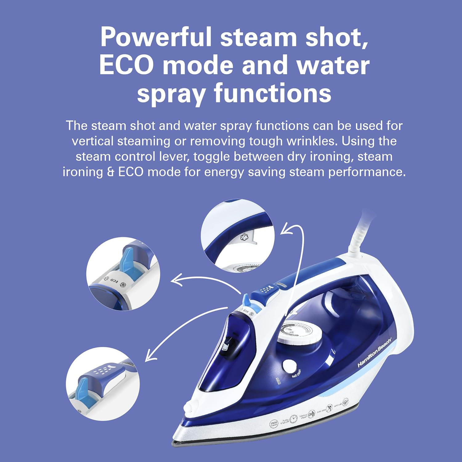 Hamilton Beach Steam Iron Ceramic 2500W / Vertical steam - Blue