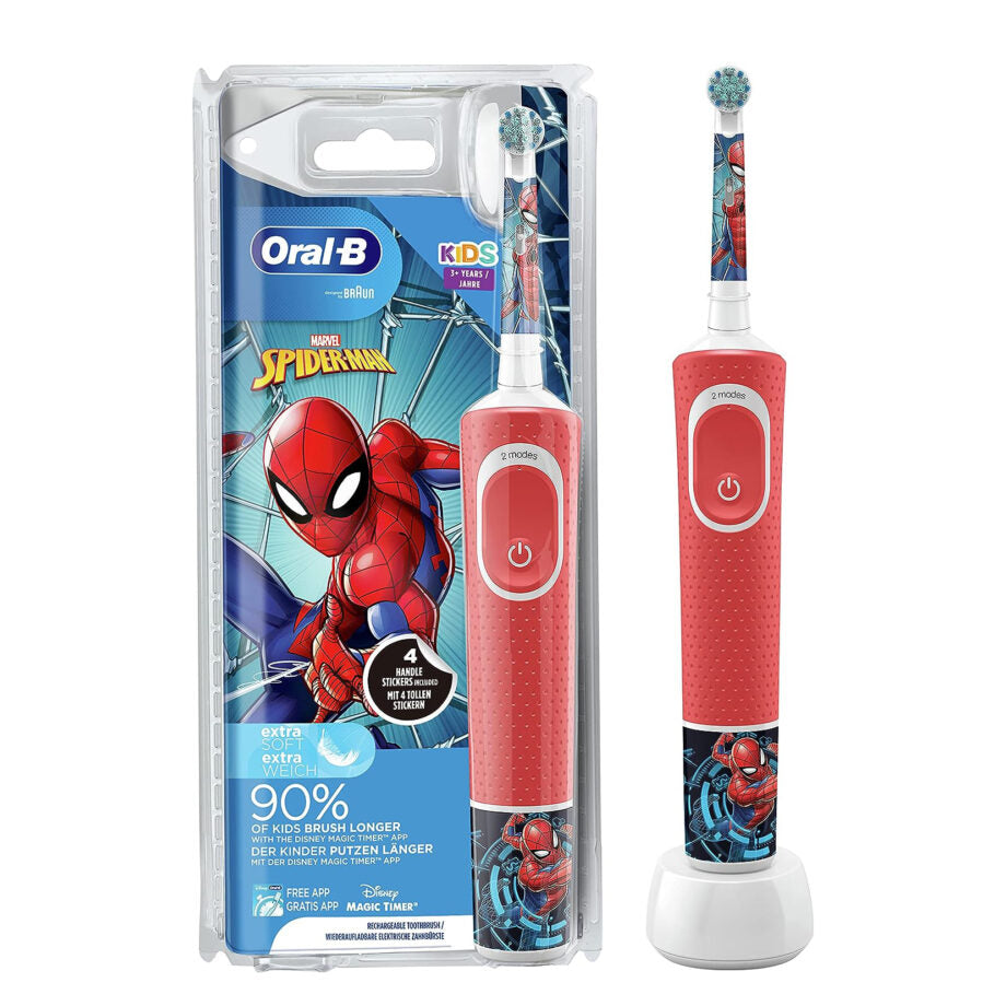 Oral-B by Braun Kids Rechargeable Electric Toothbrush with 4 Spiderman Inspired Stickers For Ages 3+