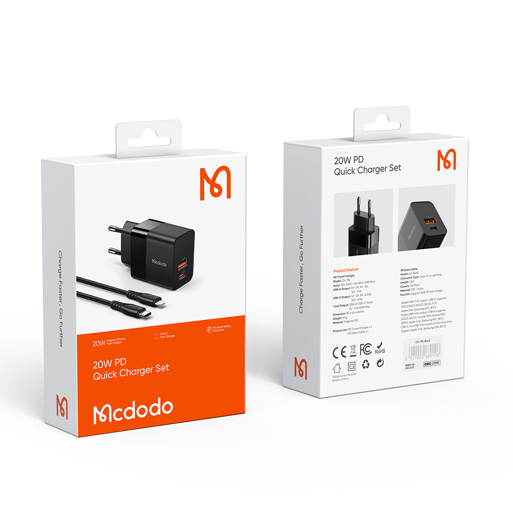 Mcdodo USB & USBC 20W Charger & Lightning Cable - Black