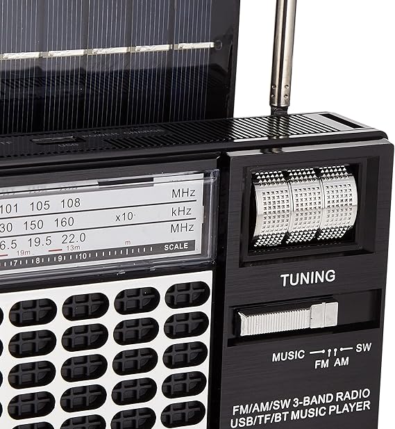 Olsenmark OMR1276 Portable Rechargeable Retro Radio with Bluetooth, USB, TF & Karaoke – 3-Band | Solar Charging | Black