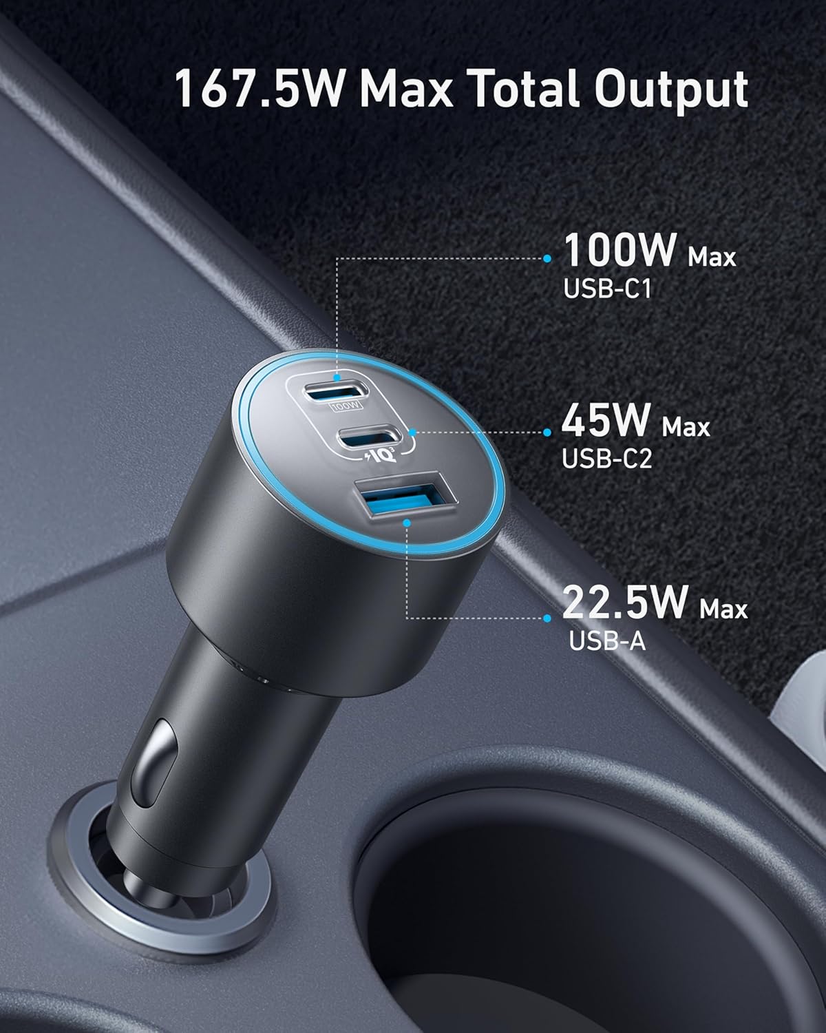 شاحن سيارة أنكر 167.5 واط بثلاثة منافذ USB-C – 100 واط + 45 واط + 22.5 واط