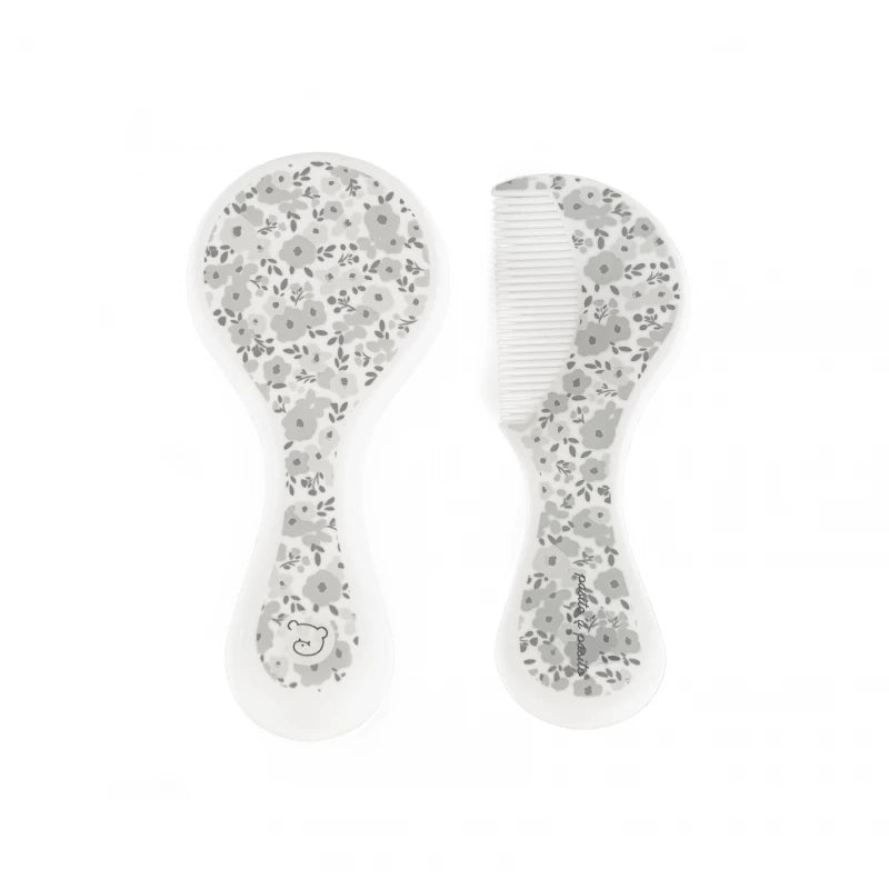 طقم فرشاة ومشط باسيتو للأطفال – تصميم فلاورز رمادي لطيف