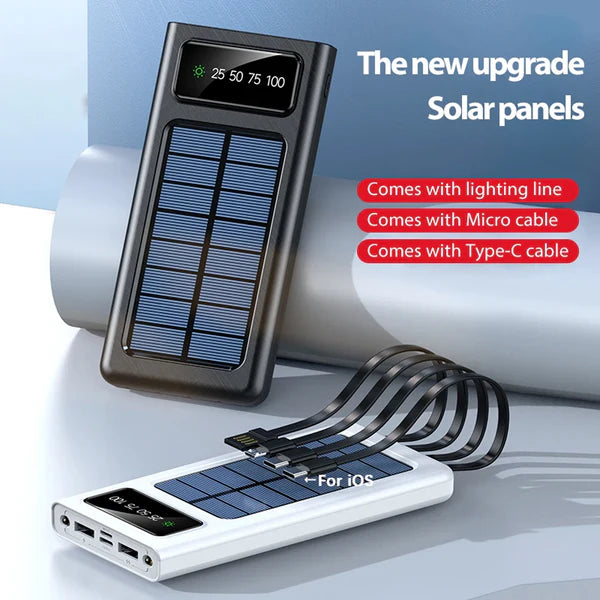 Solar Power Bank 10000mAh with LED Light and Built-in Cables