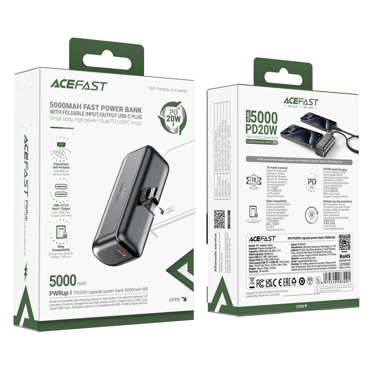 ACEFAST 5000mAh Fast Power Bank with Foldable Plug | PD 20W USB-C | Dual Input/Output | Black