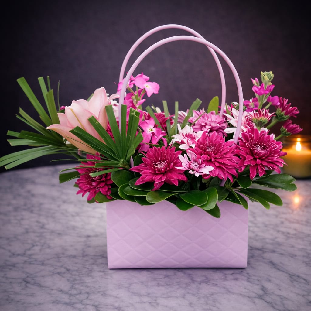 Pink handbag flower base 14 - magenta chrysanthemum and pink lily arrangement in a soft pink handbag box
