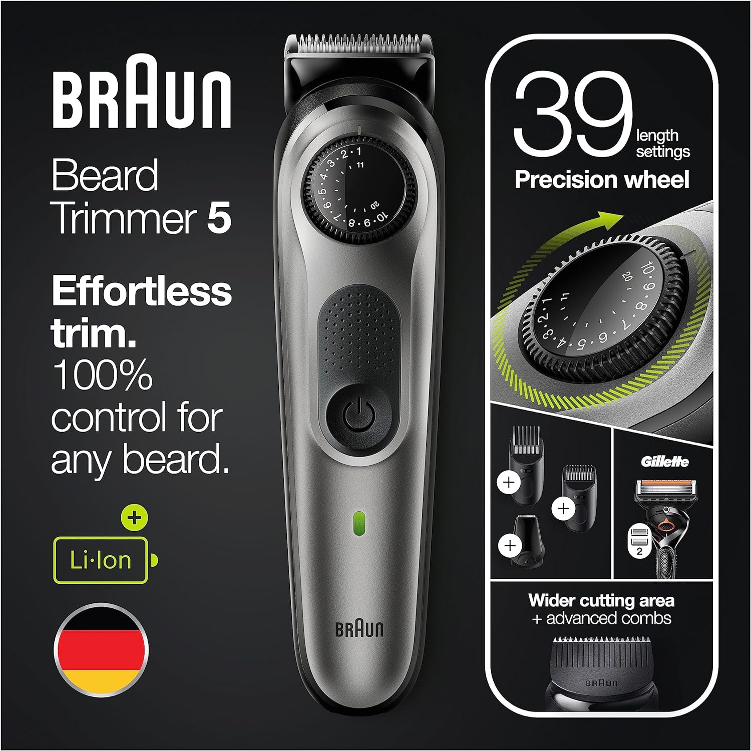 Braun Beard Trimmer: 39 Length Settings, Hair Clippers, Gillette Fusion5  - Silver