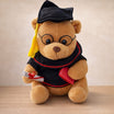Graduation teddy bear wearing black cap and gown with glasses holding a diploma scroll and red heart