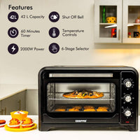 Geepas 2000W 42L Electric Oven, Rotisserie, 6-Stage Heating, Black GO4450
