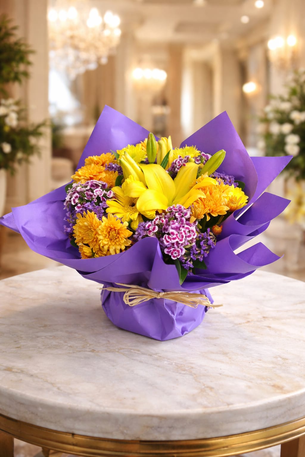Yellow lily and orange chrysanthemum arrangement with purple statice wrapped in royal purple paper with raffia bow