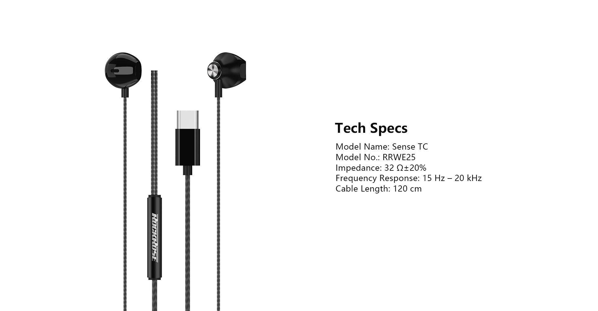 RockRose USB C In Ear Earphones Clear Sound & Comfort - Black