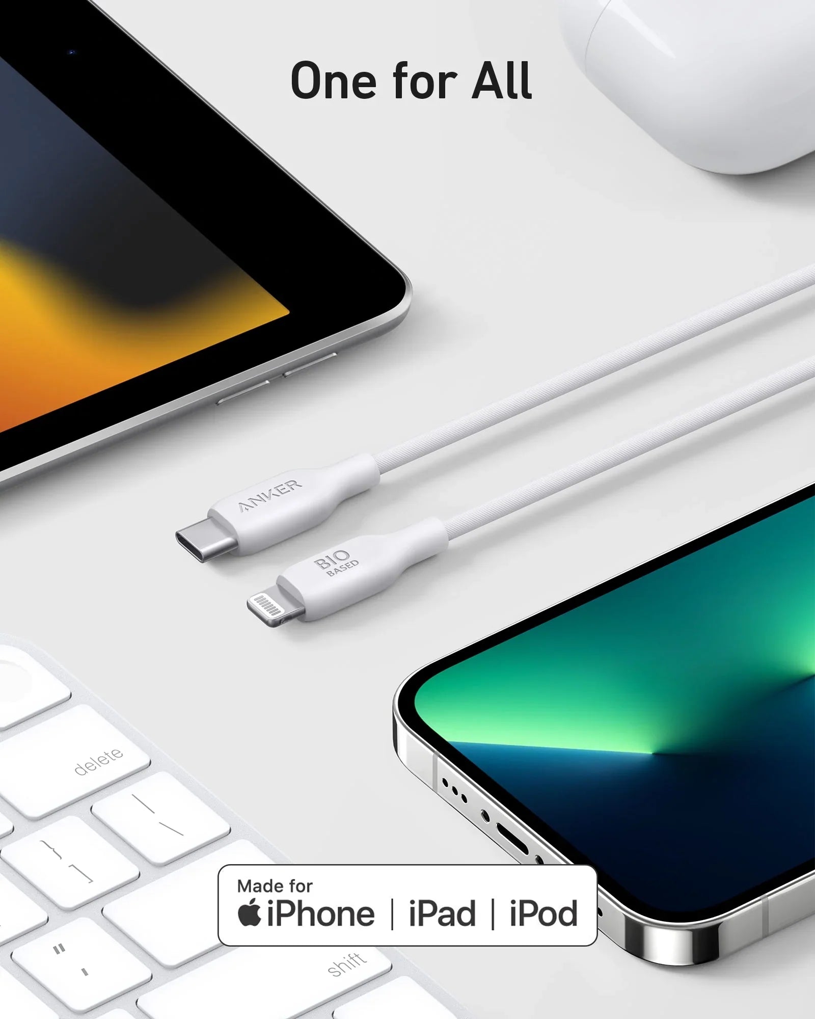 كابل Anker 542 USB-C إلى Lightning (Bio-Based 6ft) - أبيض 