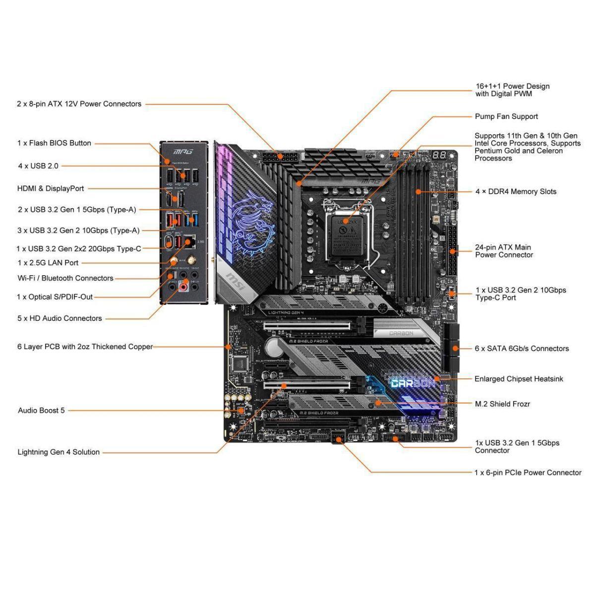 MSI MPG Z590 GAMING CARBON WIFI LGA 1200 Intel Z590 PCIE 4.0, M.2, SATA 6Gb/s ATX Gaming Motherboard