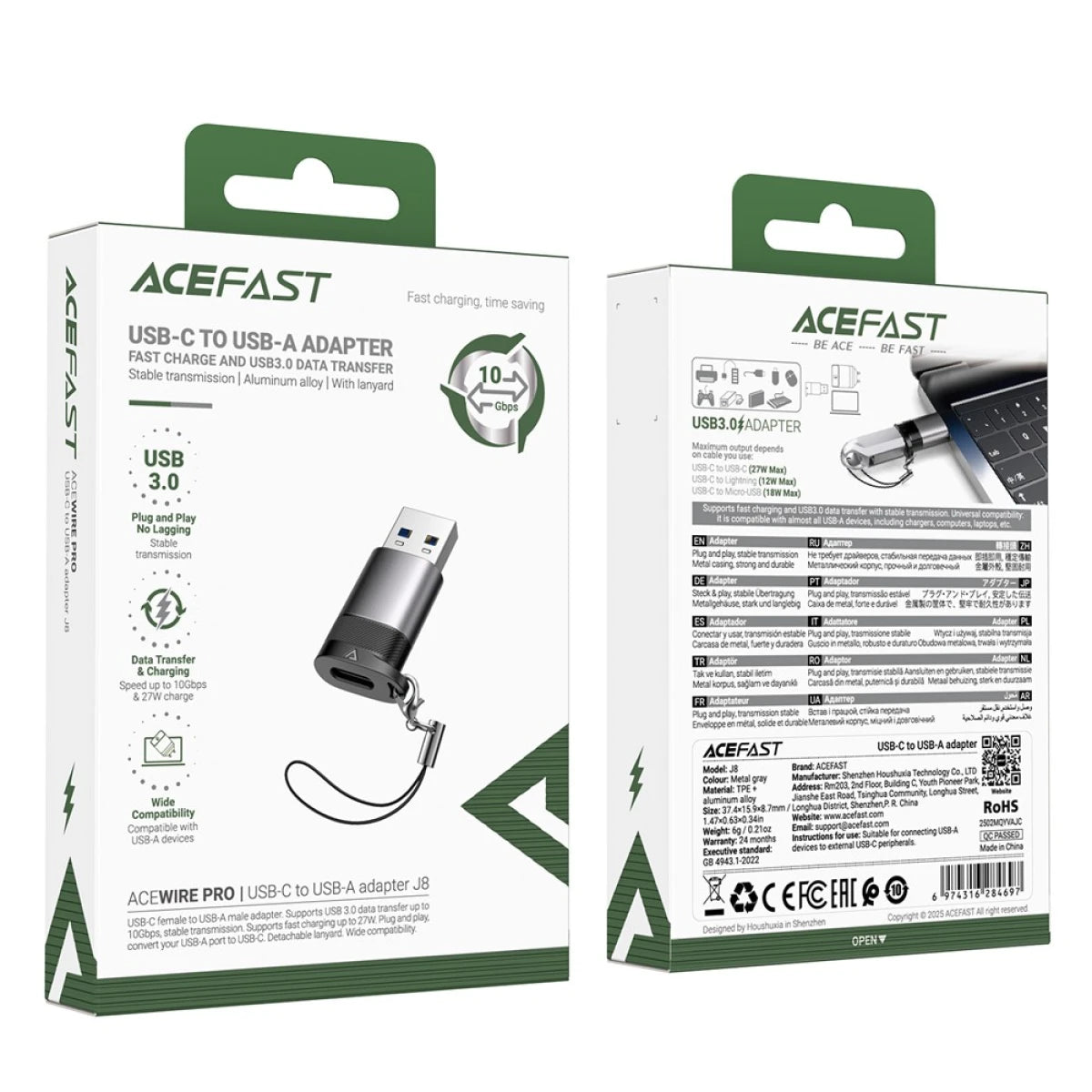 ACEFAST WIRE PRO USB-C to USB-A Adapter | 10Gbps Data Transfer | Fast Charging 27W | Aluminum Alloy