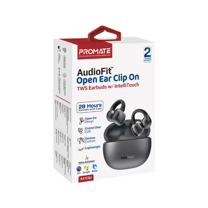 Promate AirClip AudioFit™ Open Ear Clip On TWS Earbuds w/ IntelliTouch - BLACK