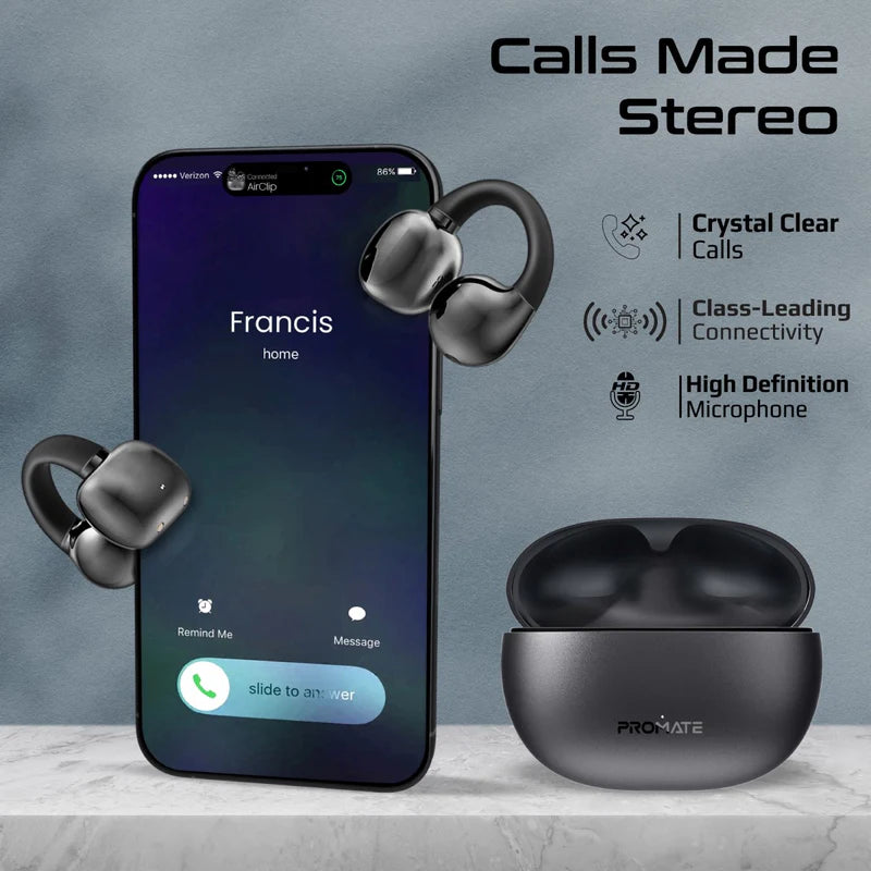 Promate AirClip AudioFit™ Open Ear Clip On TWS Earbuds w/ IntelliTouch - BLACK