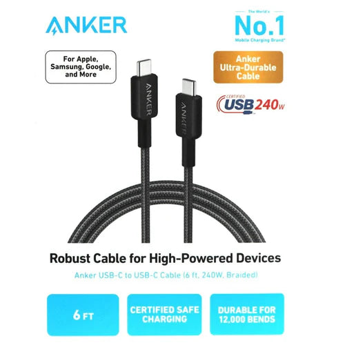 Anker USB-C to USB-C Cable (6ft, 240W, Braided) - Black