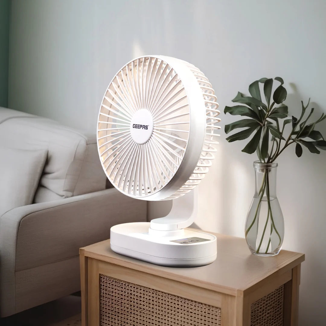 Geepas 8" Rechargeable Fan with LED Night Light, 9H Runtime, 3 Speeds, White GF21157