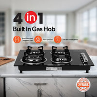 Geepas 4-Burner Tempered Glass Gas Hob, 6.51kW, Auto Ignition, Black GK4410