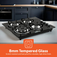 Geepas 4-Burner Tempered Glass Gas Hob, 6.51kW, Auto Ignition, Black GK4410