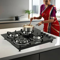 Geepas 4-Burner Tempered Glass Gas Hob, 6.51kW, Auto Ignition, Black GK4410