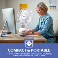 Geepas 8" Rechargeable Fan with LED Night Light, 9H Runtime, 3 Speeds, White GF21157
