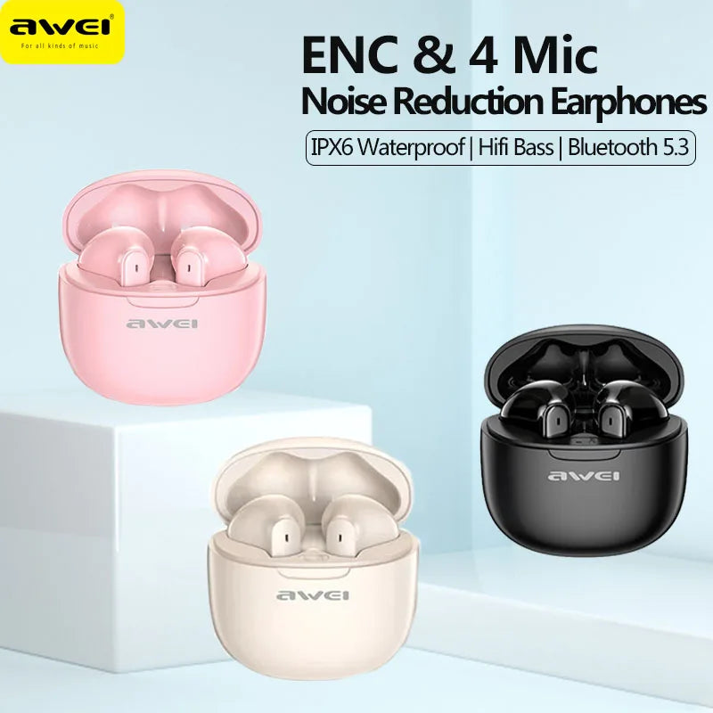 Awei ENC Bluetooth 5.3 Noise Canceling Wireless Earbuds with HD Mic 4 Deep Bass TWS Earbuds