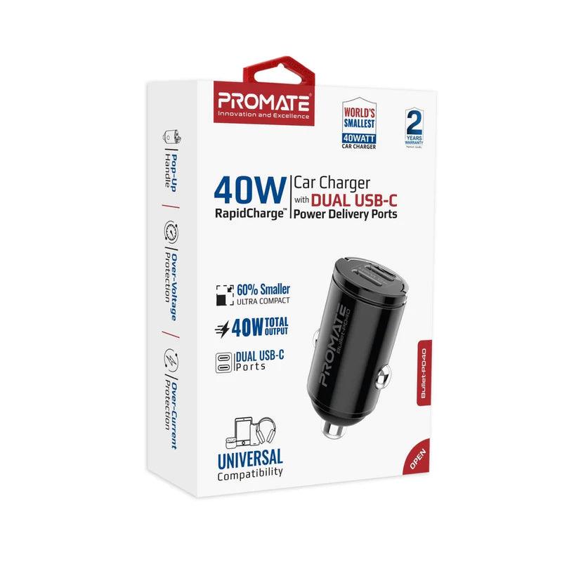 PROMATE Bullet PD40 Car Charger with Dual USB C 40W Power - Black