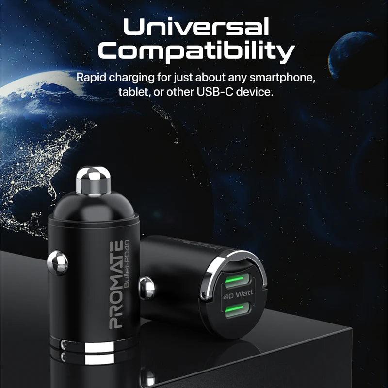 PROMATE Bullet PD40 Car Charger with Dual USB C 40W Power - Black