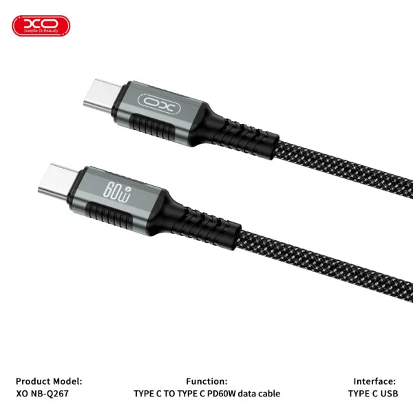 كابل XO NBQ267 مغناطيسي 60W – شحن سريع Type-C مزدوج
