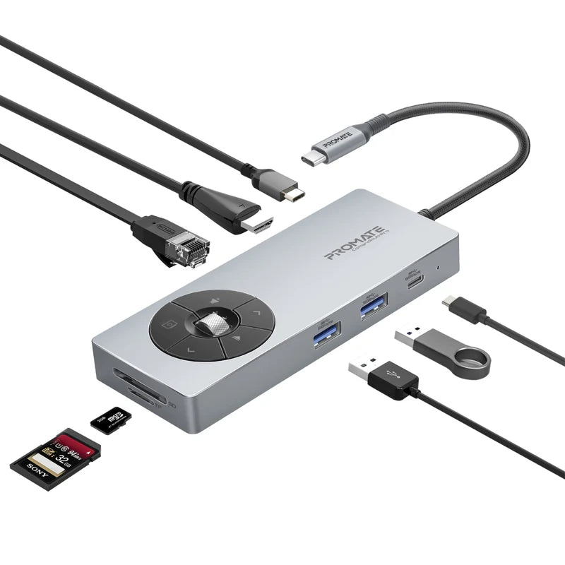 Promate ComandHub-Pro 14-in-1 Highspeed Multiport USB-C Hub with 100W PD Passthrough & Multimedia Controls