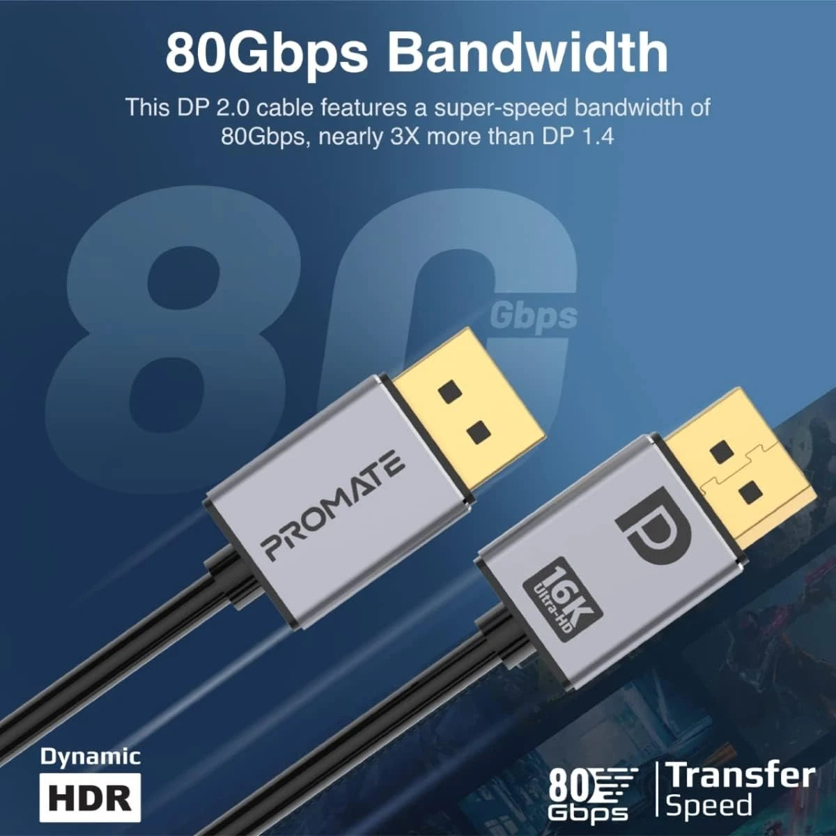 Promate DPLink-16K DisplayPort 2.0 Cable, Premium Ultra HD 16K@60Hz Video Display Cord, Gold Plated Connectors, 2m Super Slim Cable