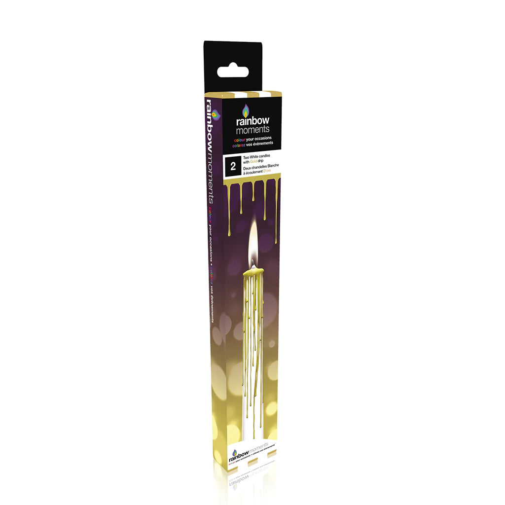 Rainbow Moments Magic Color Drip Candles, White With Gold Drip