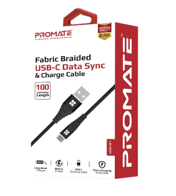 PROMATE Fabric Braided USB C Fast Charge & Sync Cable - Black