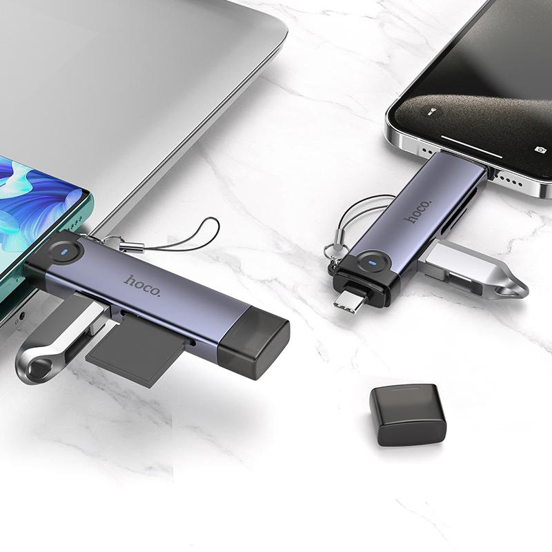 HOCO HB56B Victory 3-in-1 Card Reader – USB-C & Lightning (8 Pin) to SD, TF, USB2.0 – Metal Grey