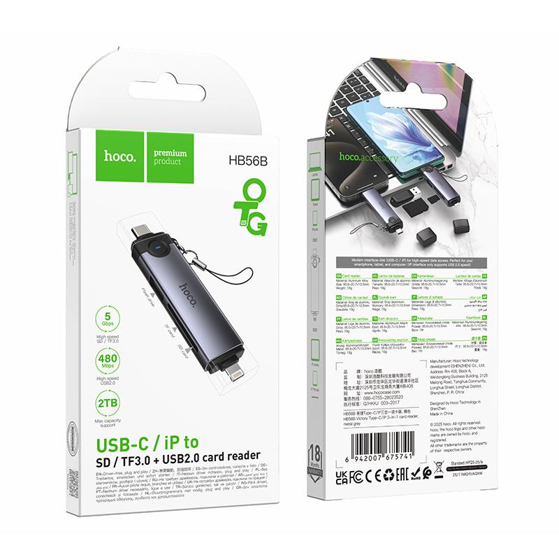HOCO HB56B Victory 3-in-1 Card Reader – USB-C & Lightning (8 Pin) to SD, TF, USB2.0 – Metal Grey
