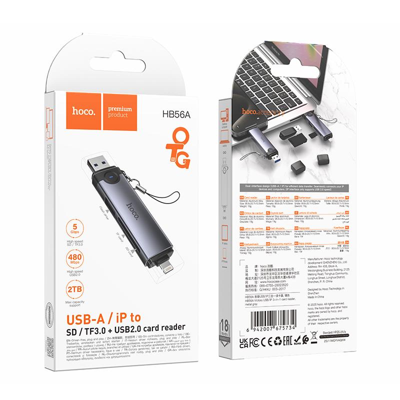 HOCO HB56A Victory 3-in-1 Card Reader – USB-A & Lightning (8 Pin) to SD, TF, USB2.0 – Metal Grey